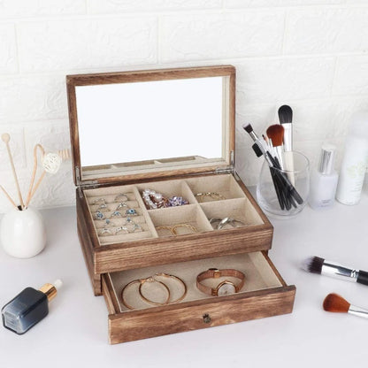 Vintage Solid Wood Jewelry Box – Two-Layer Necklace & Earring Display with Mirror