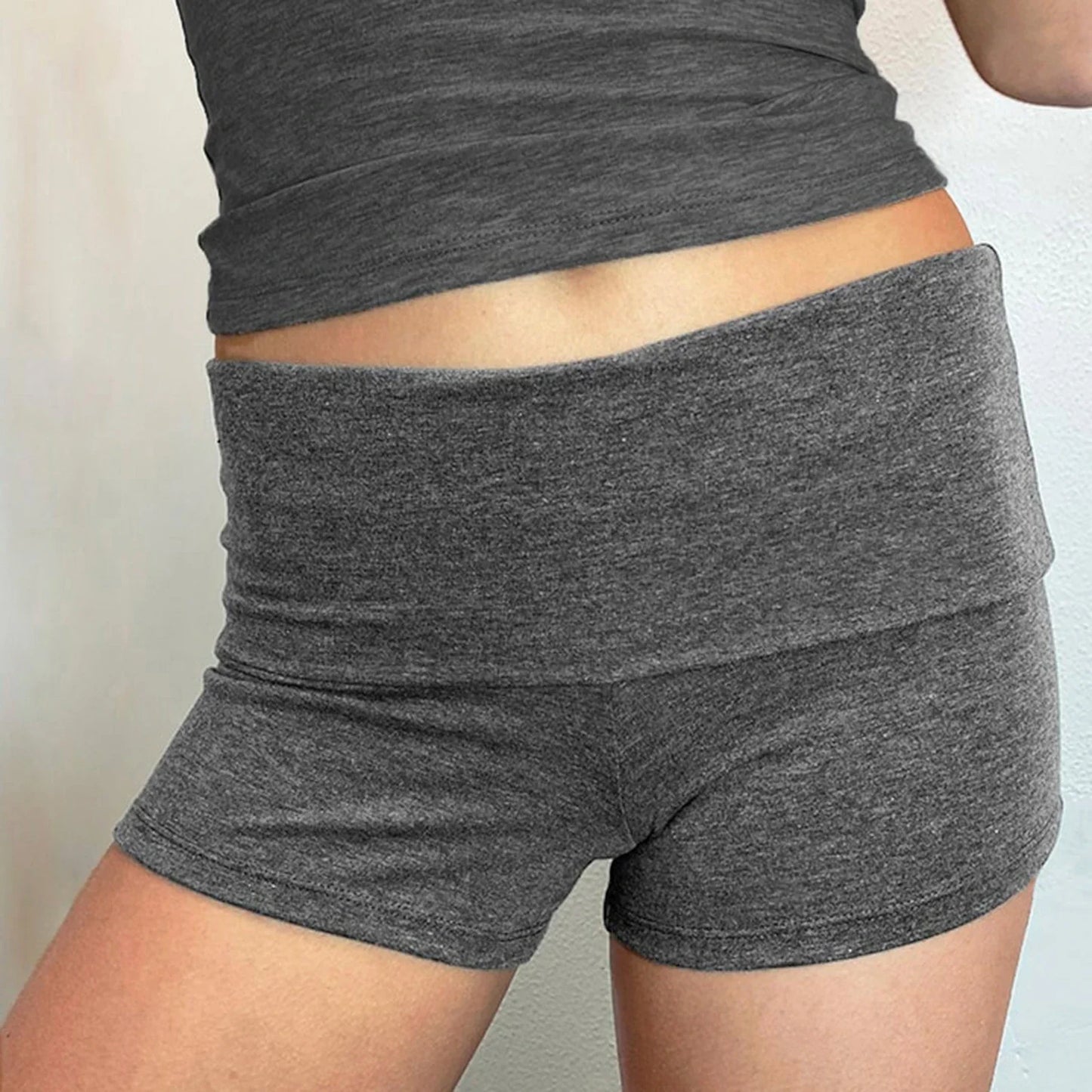 Summer Women’s Slim Solid Color Yoga Shorts — Casual Fold-Over Low Waist Lounge Shorts