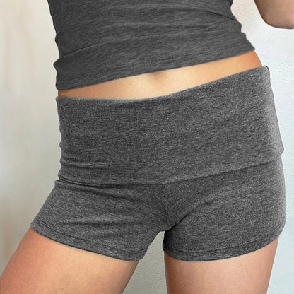 Summer Women’s Slim Solid Color Yoga Shorts — Casual Fold-Over Low Waist Lounge Shorts