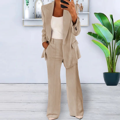 Women's 2 Piece Blazer Pant Set - Casual Single Button Jacket & High Waist Wide Leg Workwear Suit