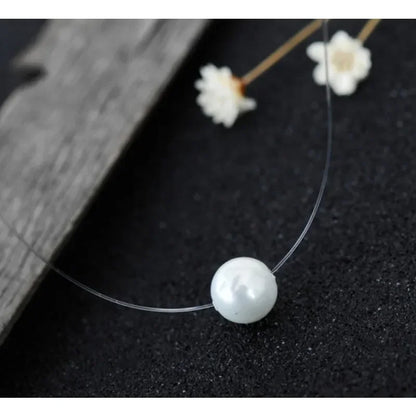 Transparent Fishing Line Pearl Necklace – Simple Round Bead Choker Pendant, Delicate Short Necklace for Women