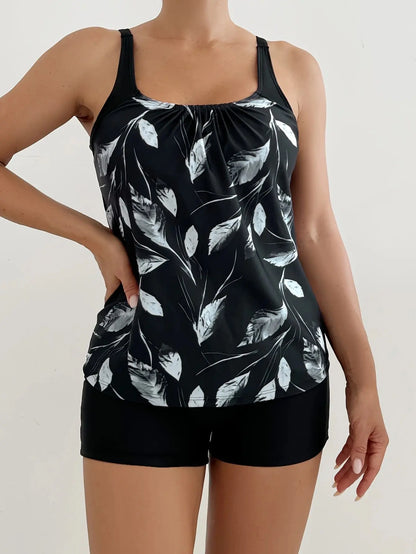Women’s Floral Tankini Swim Set - Adjustable Strap Vest Top & Drawstring Shorts Bikini Beachwear for Summer