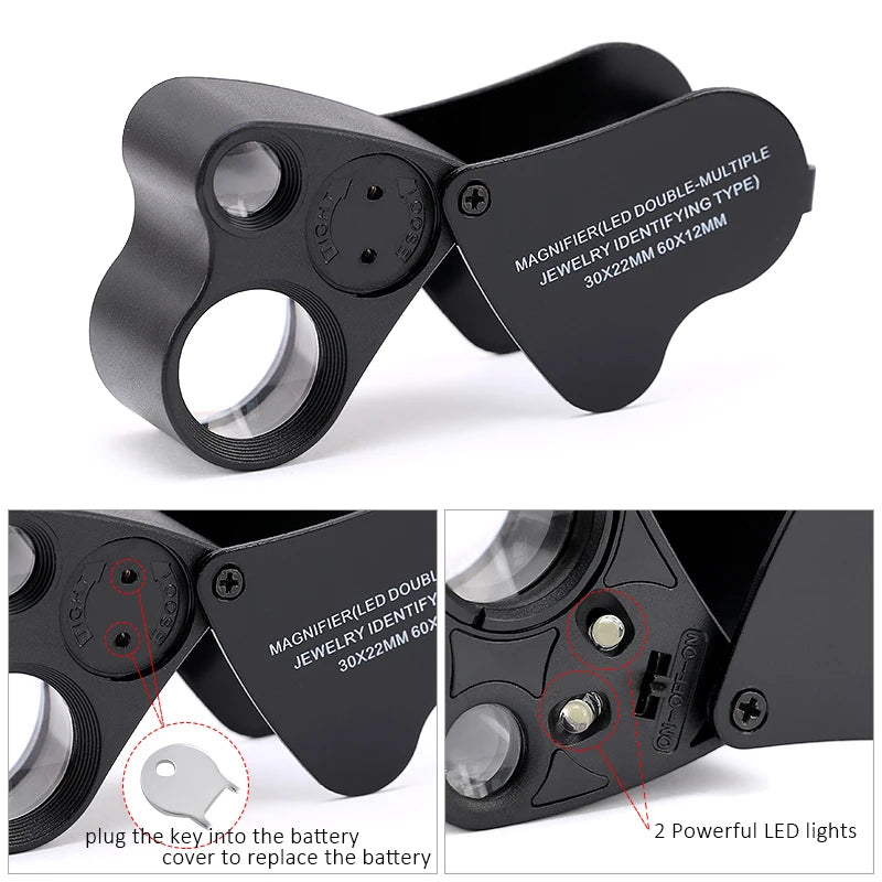 30X 60X LED Jewelry Loupe Magnifier - Foldable Illuminated Eye Glass for Gems Coins and Watch Inspection