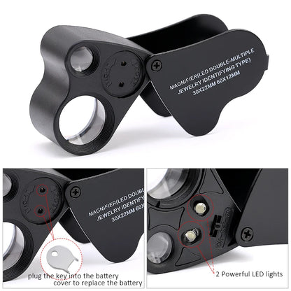 30X 60X LED Jewelry Loupe Magnifier - Foldable Illuminated Eye Glass for Gems Coins and Watch Inspection