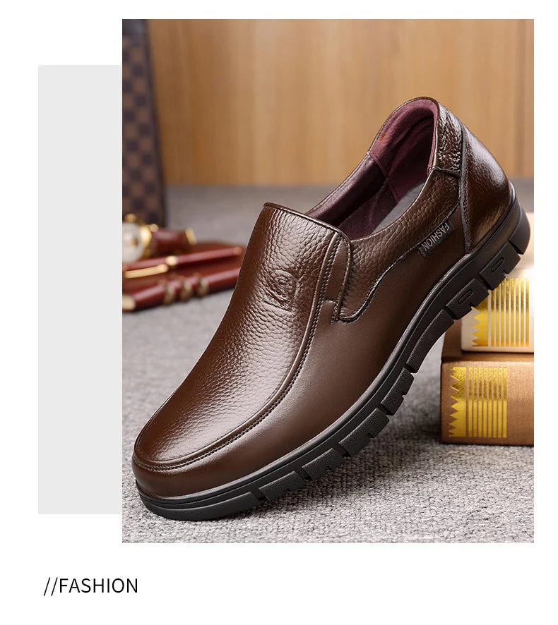 Genuine Leather Casual Shoes for Men – Flat Platform Walking Loafers, Breathable Handmade Outdoor Sneakers