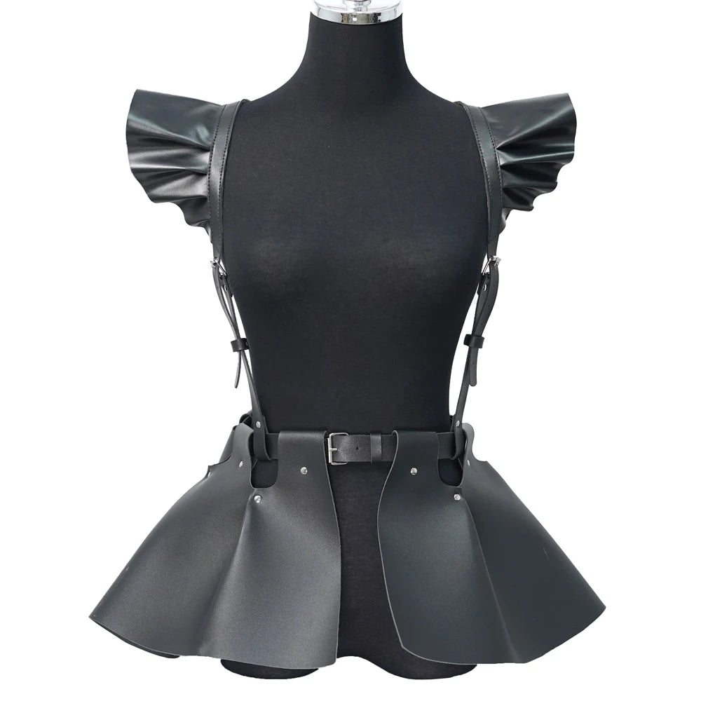 Women’s Gothic Leather Body Harness Belt – Skirt Accessory with Ruffle Hem, Waist & Shoulder Fashion Belt