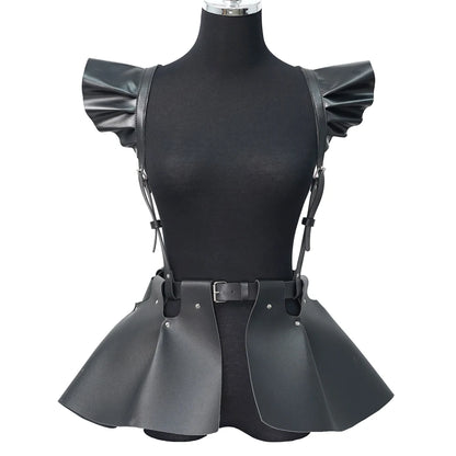 Women’s Gothic Leather Body Harness Belt – Skirt Accessory with Ruffle Hem, Waist & Shoulder Fashion Belt