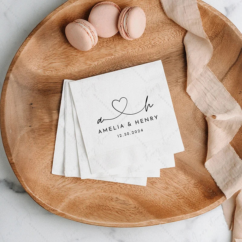 50pcs Personalized Wedding Cocktail Napkins – Custom Initials & Pet Portrait Dinner Party Decor
