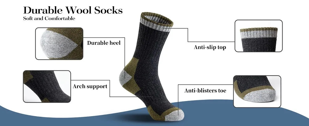 5 Pairs Merino Wool Hiking Socks for Men | Soft, Warm, Moisture-Wicking Winter Crew Socks for Indoor & Outdoor Wear