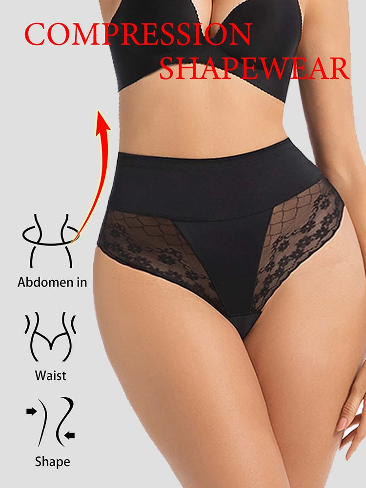 Women’s High-Waist Tummy Control Shapewear - Lace Slimming Body Shaper Briefs with Flat Belly Support and Thong Design