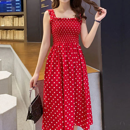 Women’s Summer Polka Dot Dress – Elegant Sleeveless Chiffon Long Dress with Square Neck, Casual & Discount Vestidos