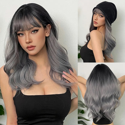 Copper Ginger Red Brown Synthetic Wig – Long Fluffy Wavy Wig with Bangs, Heat-Resistant Cosplay & Daily Wear Hair for Women