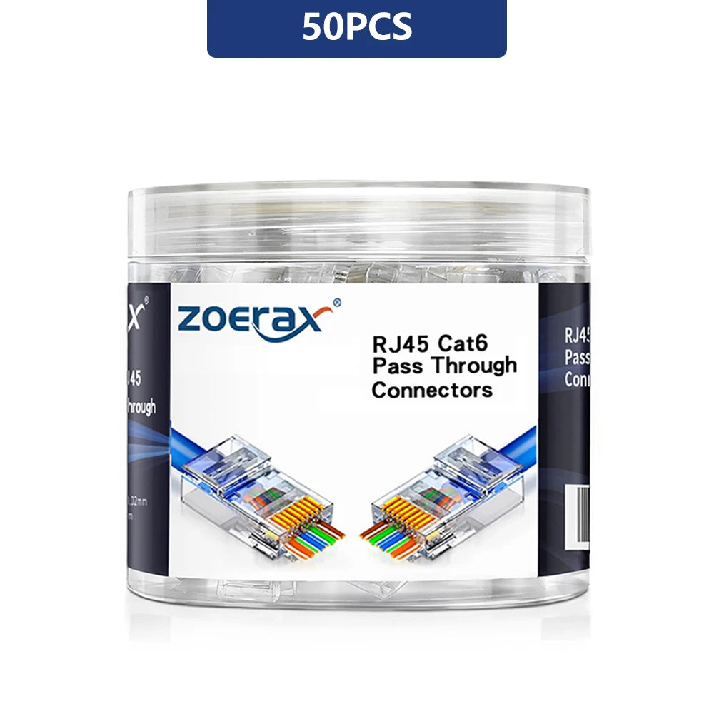 ZoeRax RJ45 Cat6 Pass-Through Connectors — 50/100/200PCS Modular Plugs 1.1mm | Solid & Stranded FTP/STP Cable