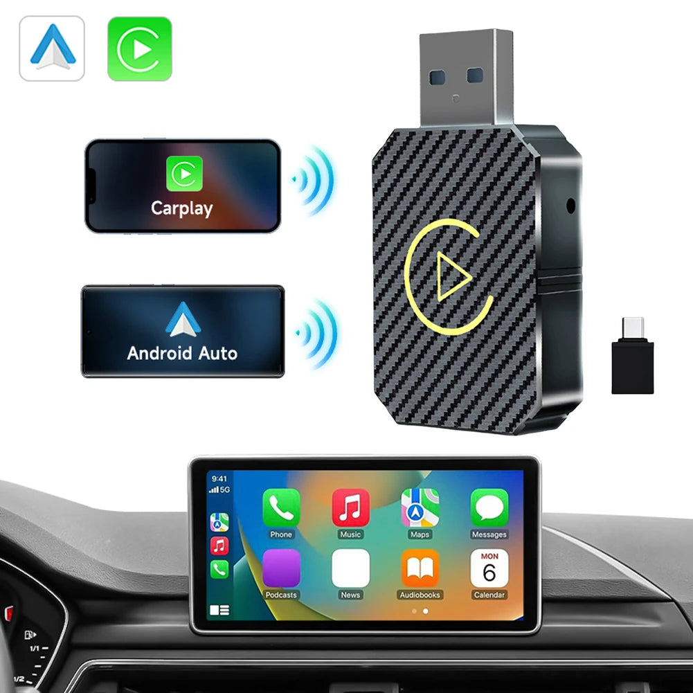 Wireless CarPlay & Android Auto Adapter — 2-in-1 Smart Mini Car AI Box with BT Wireless USB Dongle for OEM