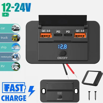Car Charger Socket Adapter with Switch | 4-Port Charging Splitter for Bus, RV, ATV, Truck, Boat | 12V/24V PD, QC3.0