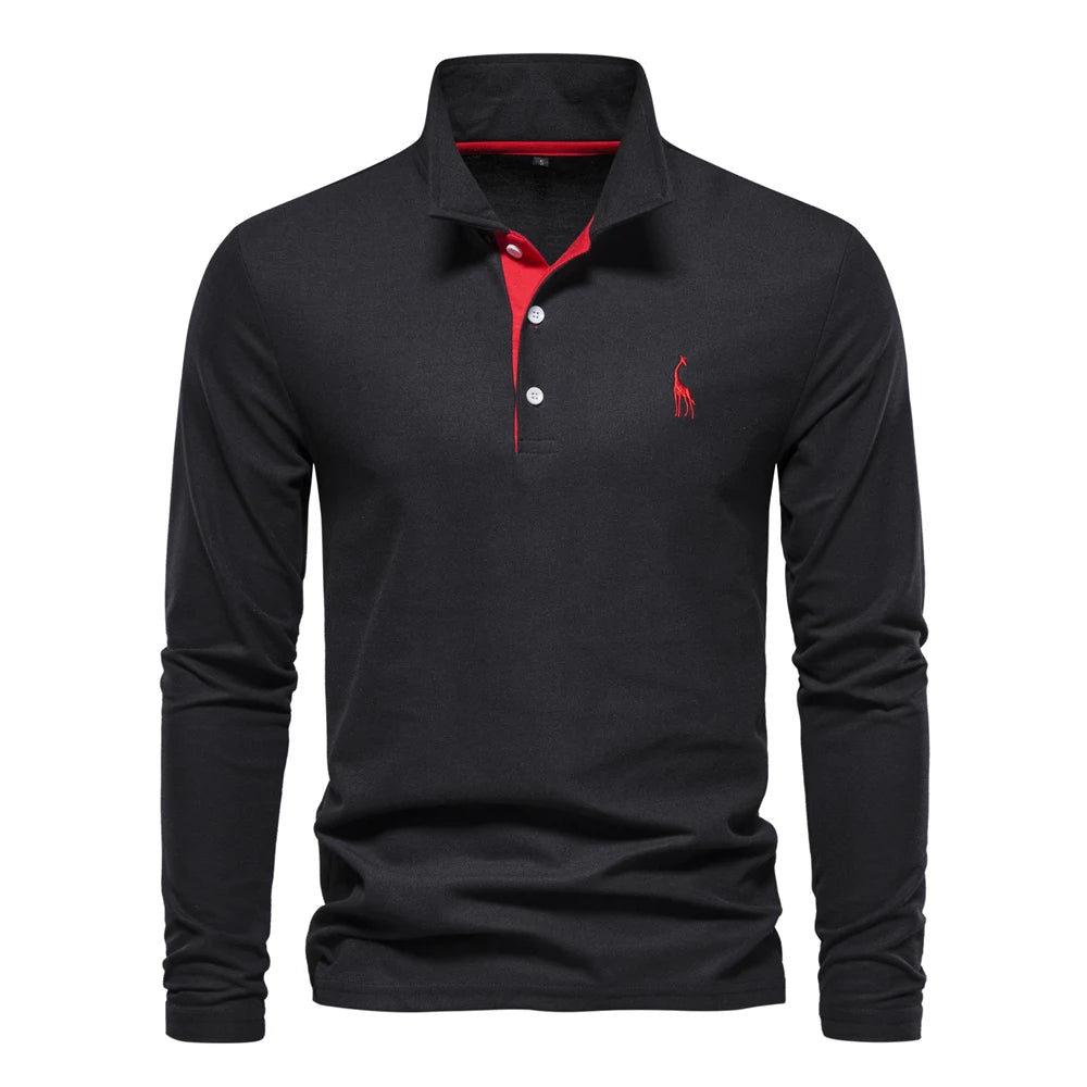 Men's Long Sleeve Embroidered Polo Shirt - Business Casual Solid Color Deer Design