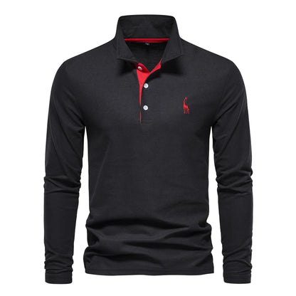 Men's Long Sleeve Embroidered Polo Shirt - Business Casual Solid Color Deer Design