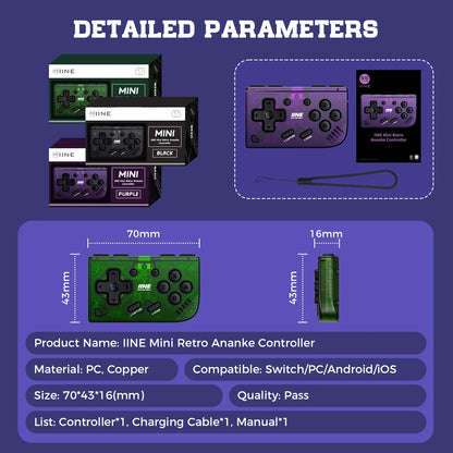 IINE Mini Retro Ananke Controller – Turbo Function, Interchangeable Joystick & D-Pad, Multi-Platform Support, ZL & ZR Buttons