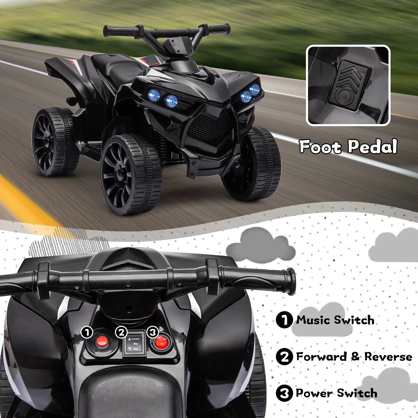 Kids 6V Ride-On ATV Quad Car Toy – Battery-Powered Electric Vehicle with LED Lights, Music, Foot Pedal & Durable Wheels
