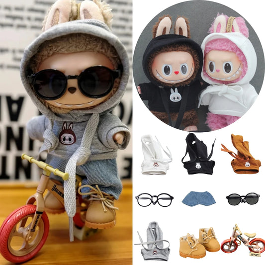 15/17cm Labubu Doll Printed Cycling Hoodie & Jeans Outfit | Stylish Labubu Doll Clothes & Decoration