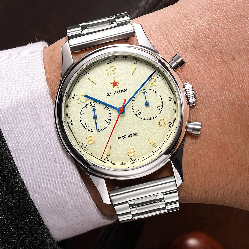 RED STAR 38mm Men's 1963 Chronograph Mechanical Watch – Pilot Air Force Aviation with Seagull ST1901 Movement & Sapphire Glass
