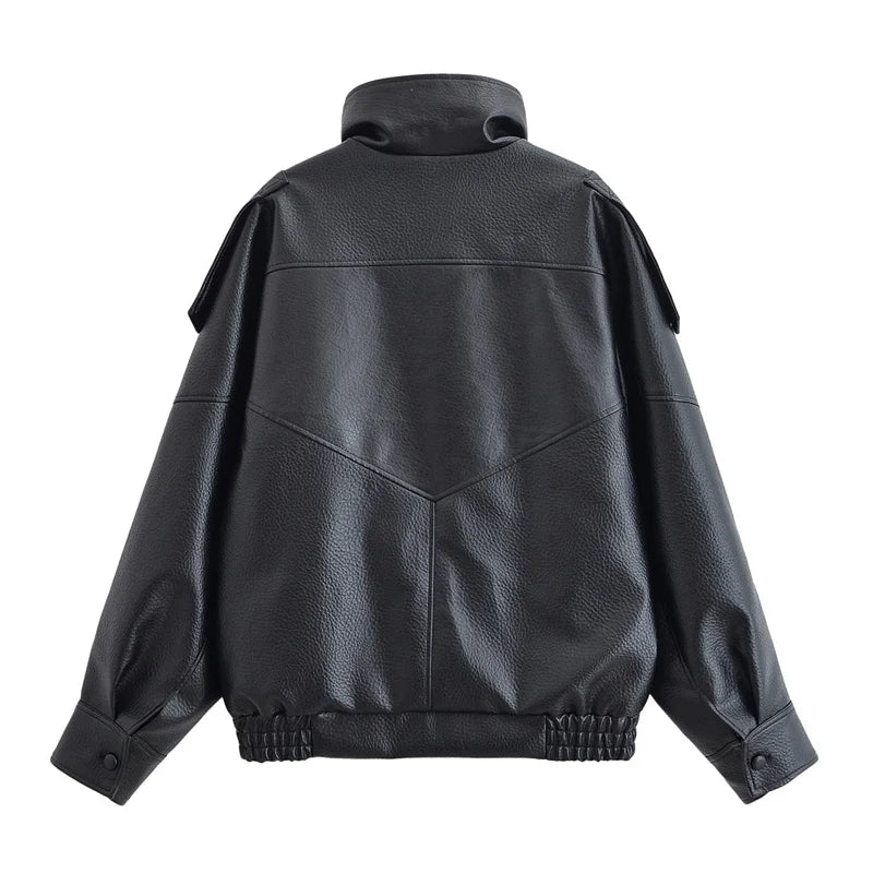 Women's Faux Leather Motorcycle Jacket - 2026 Autumn Black Long Sleeve Fashion Outerwear