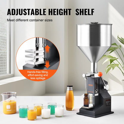 VEVOR A03 Manual Liquid Filling Machine — Adjustable 5-50ml/5-100ml Paste & Bottle Filler with Hopper for Water, Juice, Shampoo & Honey
