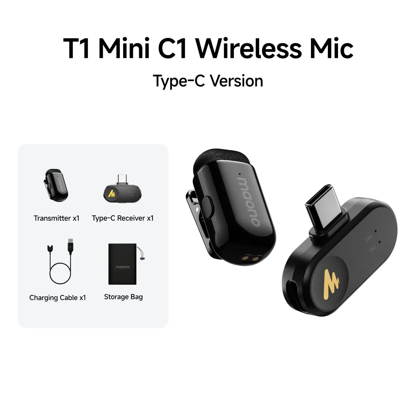 MAONO T1 Mini Wireless Lapel Microphone – Noise-Canceling Clip-On Mic for iPhone, Android, Tablet & PC Recording