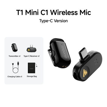 MAONO T1 Mini Wireless Lapel Microphone – Noise-Canceling Clip-On Mic for iPhone, Android, Tablet & PC Recording