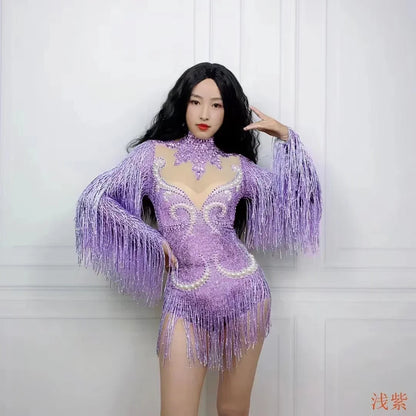 Purple Rhinestone Mesh Tassel Jumpsuit - Sheer Nightclub & Stage Performance Outfit