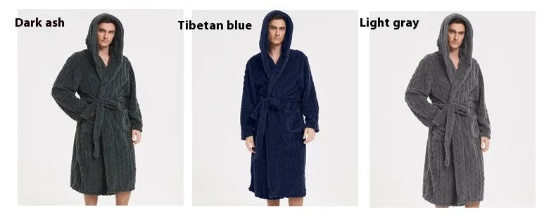 Men’s Fall & Winter Warm Hooded Robe – Thickened Cotton Velvet Jacquard Homewear for Couples
