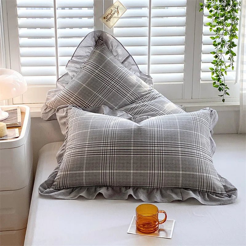 2 Pack 48x74cm Plaid Washed Cotton Pillowcases – Super Soft Ruffled Bedding Covers for Home & Dorm Decor