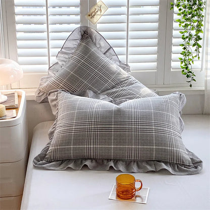 2 Pack 48x74cm Plaid Washed Cotton Pillowcases – Super Soft Ruffled Bedding Covers for Home & Dorm Decor