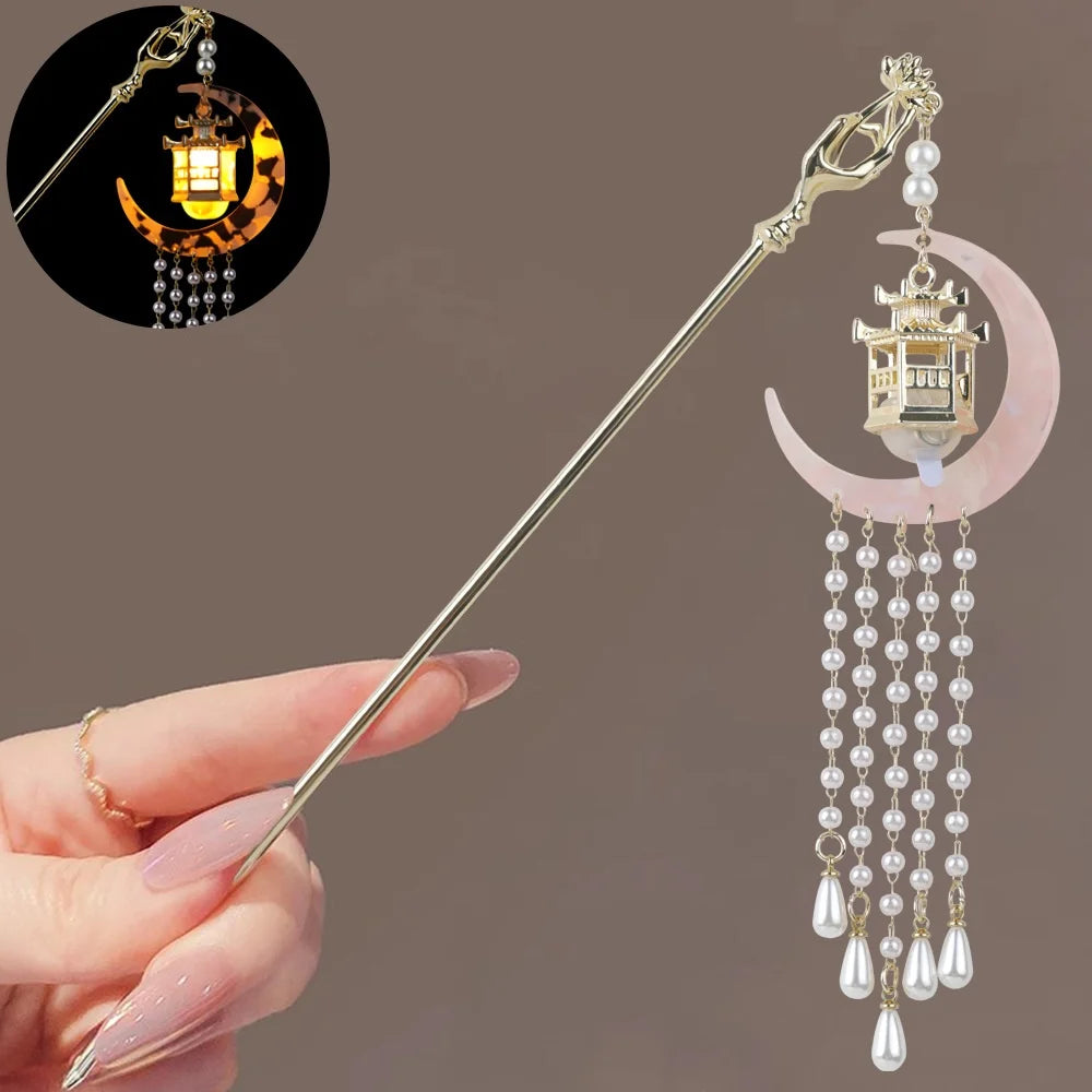 Luminous Lotus Flower Hairpin – Vintage LED Hair Stick with Lantern Tassel for Women and Traditional Hairstyles