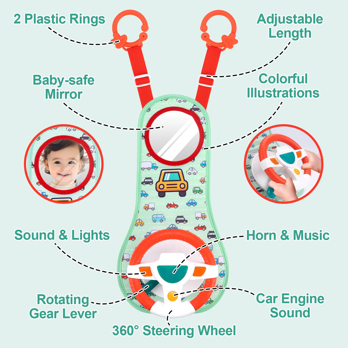 Baby Electric Steering Wheel Toy - Musical Simulated Driving Toy for Infant Car Seats, Hanging Baby Activity Toy for Ages 0–12 Months
