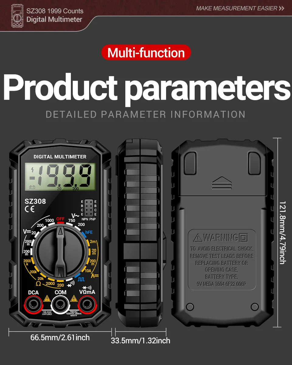 ANENG SZ308 Digital Multimeter – 1999 Count, High-Precision AC/DC Voltage, Current & Resistance Test Tool
