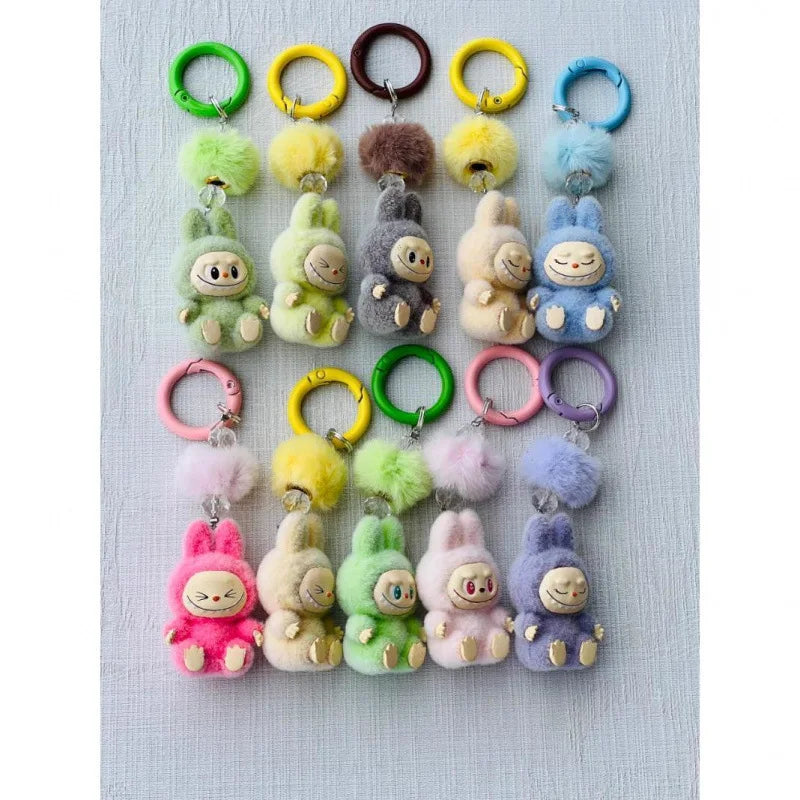 Labubu Mini Flocking Doll Keychain – Standing & Sitting Car, Bag, Phone, Backpack Charm Gift
