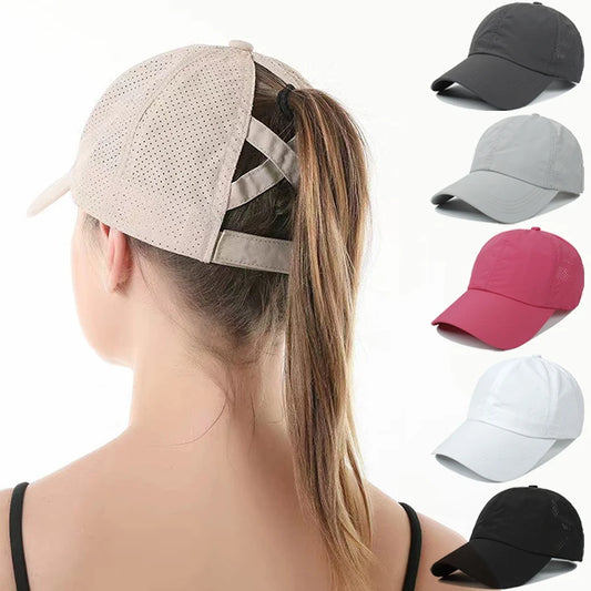 Summer Solid Color Baseball Cap – Quick-Drying Mesh Golf & Sports Hat for Women, Cross Ponytail Design, Men's Peaked Cap