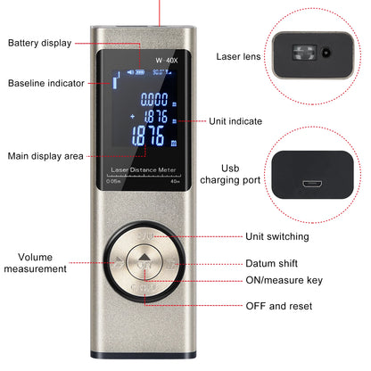 40M/60M Mini Smart Laser Distance Meter | Portable USB Rechargeable Infrared Rangefinder