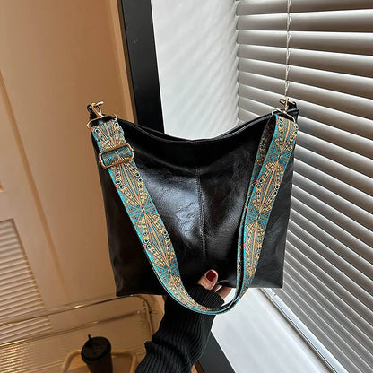 Wide Geometric Strap Shoulder Bag - Large Capacity Crossbody PU Leather Bag for Women, Retro Style for Shopping and Travel
