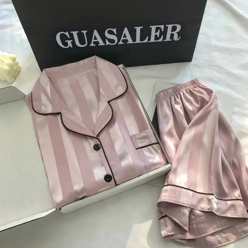 Women's Plus Size Satin Pajamas Set – Elegant Striped Long Sleeve Button-Up Top and Pants Loungewear