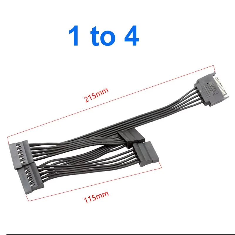 15-Pin SATA Power Splitter Cable - 1 Male to 3/4/5/6 Female Hard Drive Power Extension Adapter for DIY PC & Server