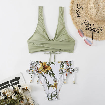 Vintage Printed Bikini Set – Women’s Cross Pleated Backless Lace-Up Push-Up Two-Piece Swimwear 2025 Beach Bathing Suit