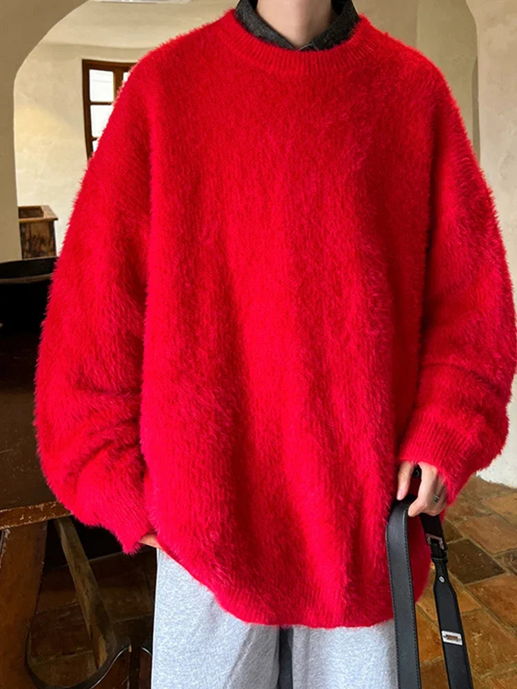 Men's Autumn Fluffy Knit Sweater - Loose Warm Korean Style Y2K Vintage Winter Pullover