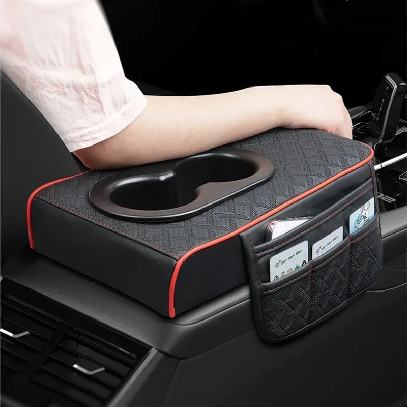 Universal Car Center Console Organizer Armrest Cover – Thickened Storage Pad with 2 Side Pockets & Dual Cup Holders for Cars & SUVs