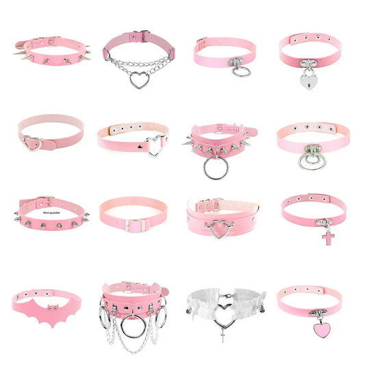 Pink Gothic Collar Necklace – Trendy Rock Leather Heart with Rivets, Harajuku Punk Choker Jewelry for Women, Gift Idea