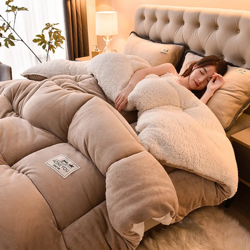 Plush Winter Lamb Velvet Quilt – Thickened Cotton, Double-Sided Warm Lamb Wool Blanket for Single & Double Beds