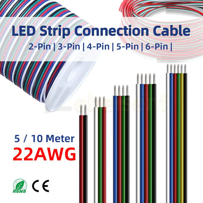 5/10 Meter 22 AWG Electronic Cable Extension Wire – 2Pin, 3Pin, 4Pin, 5Pin, 6Pin for 5050 3528 RGBW RGB CCT LED Strip Lights