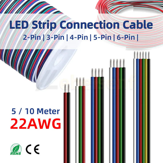 5/10 Meter 22 AWG Electronic Cable Extension Wire – 2Pin, 3Pin, 4Pin, 5Pin, 6Pin for 5050 3528 RGBW RGB CCT LED Strip Lights
