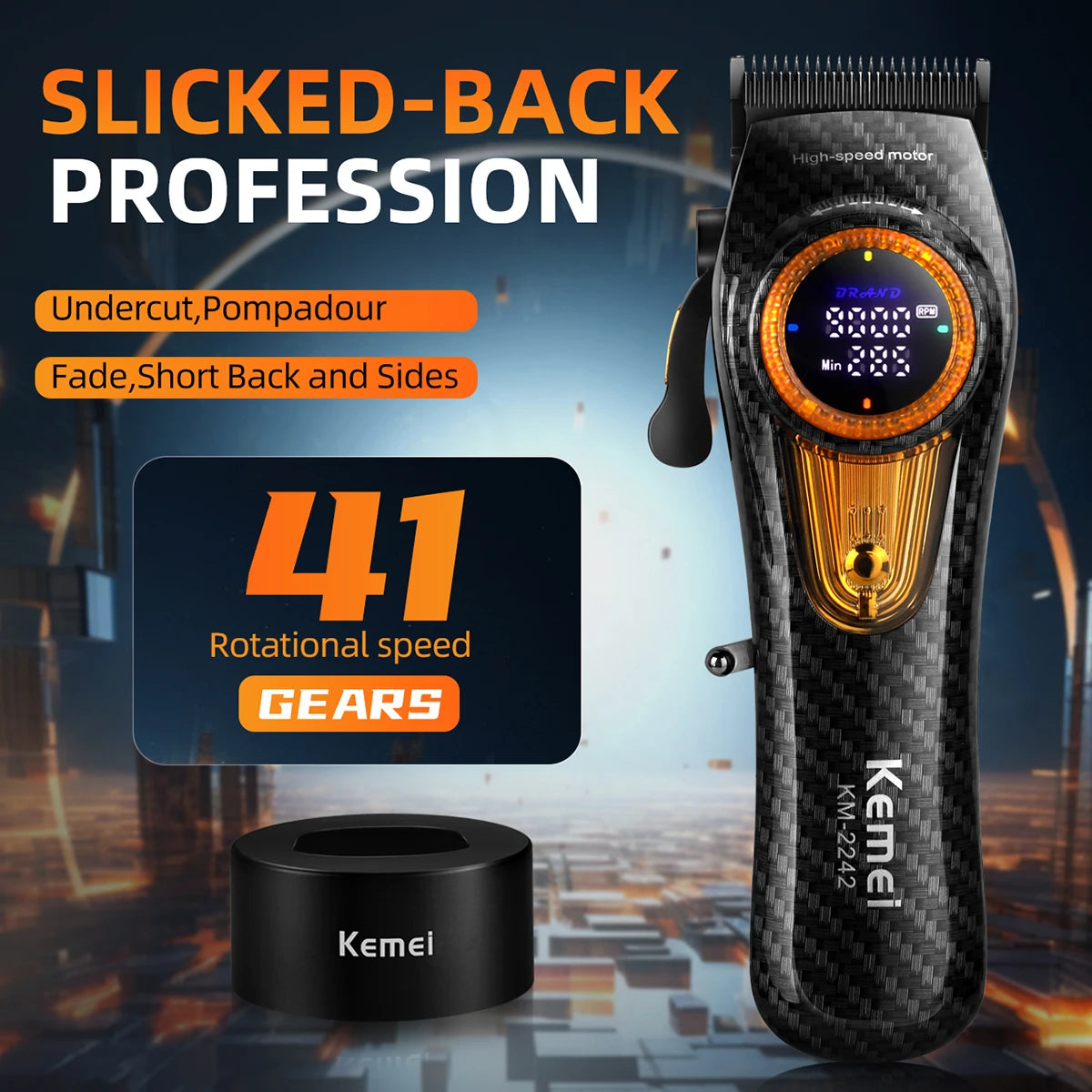Kemei Professional Hair Clipper – 9000 RPM Electric Hair Cutting Machine, Adjustable Cordless Trimmer with Base for Barbers